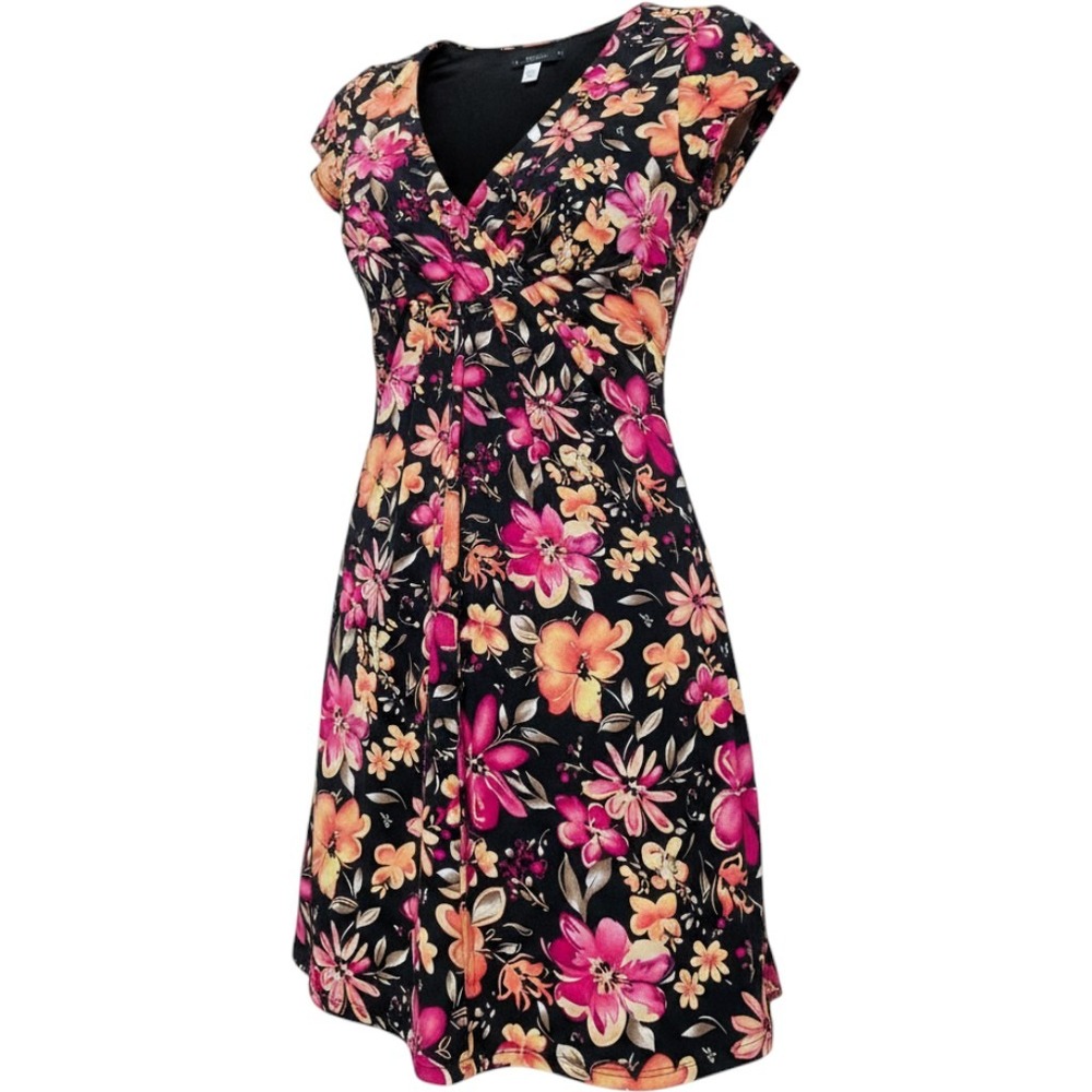 Tiana B Womens Floral V-Neck Empire Waist Short Sleeve‎ A-Line Dress Black Pink